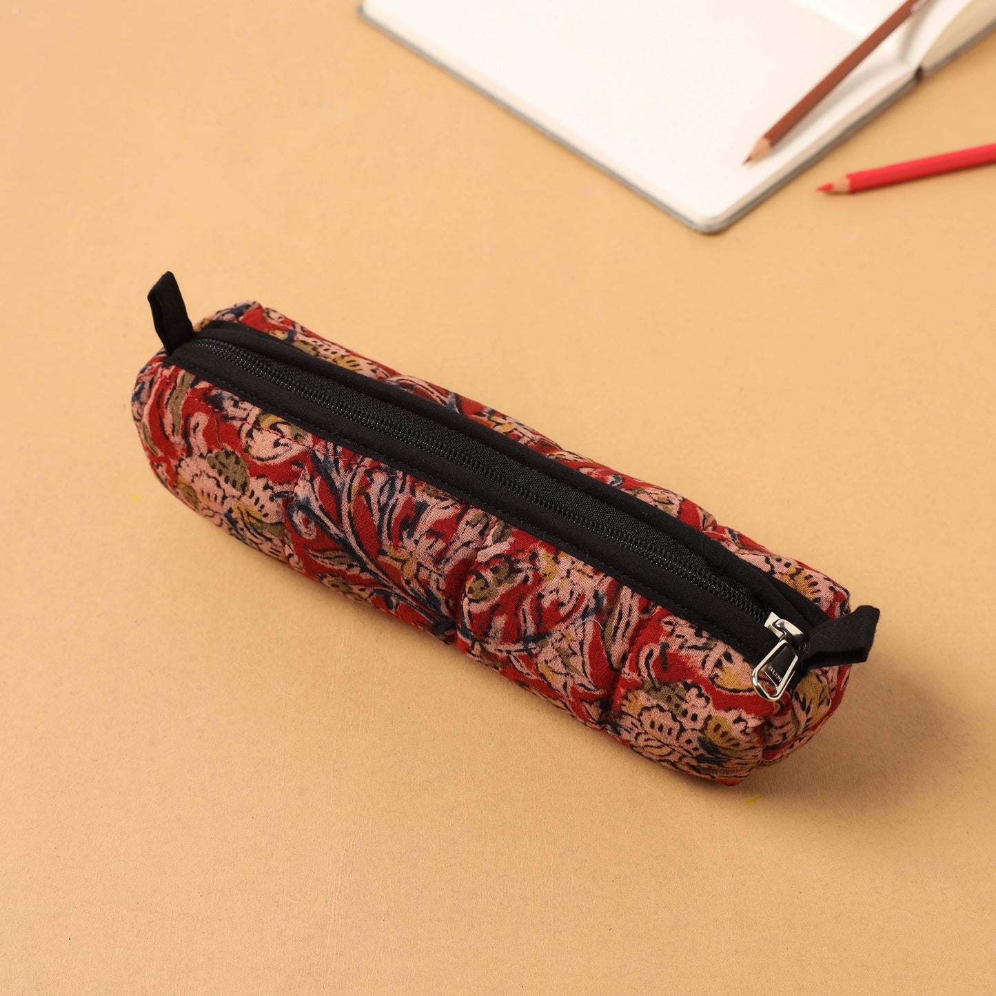 Red Handcrafted Quilted Cotton Pencil Pouch