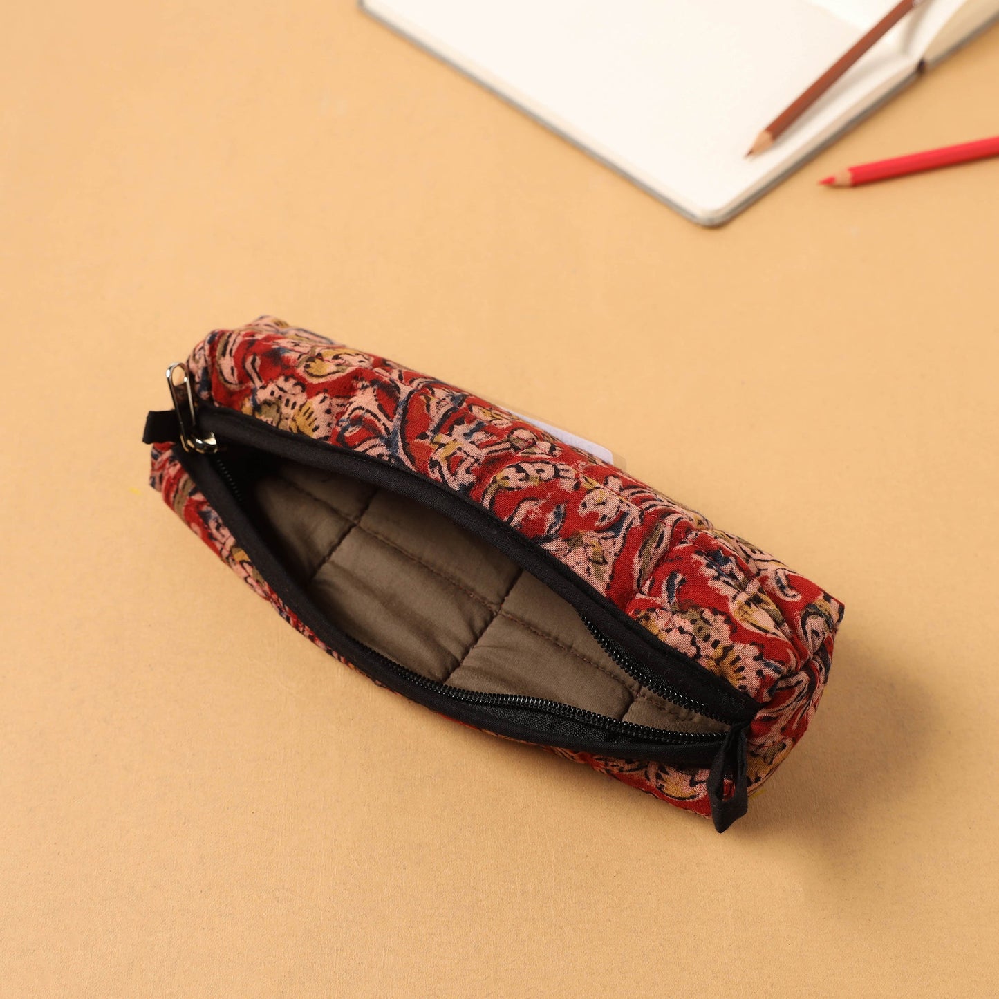 Red Handcrafted Quilted Cotton Pencil Pouch