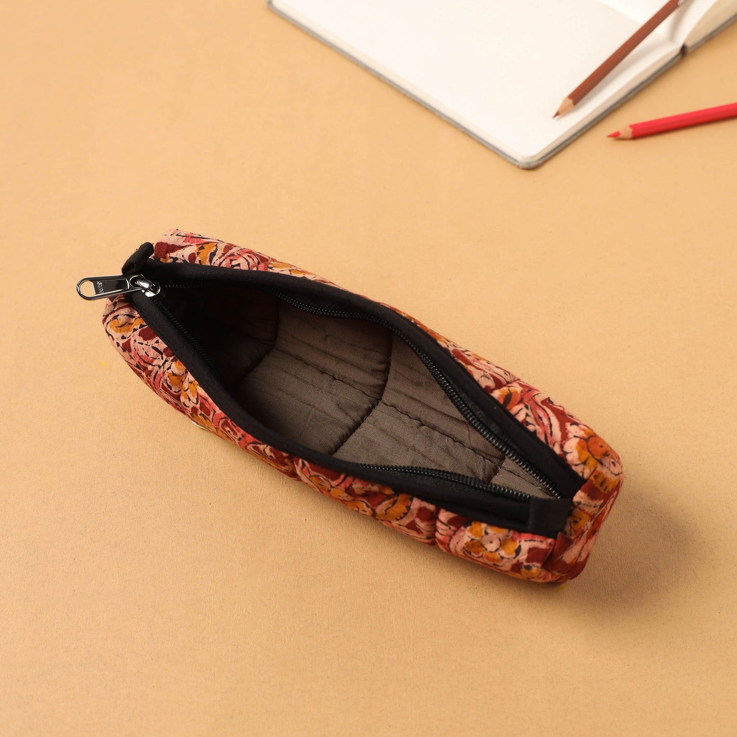 Red Handcrafted Quilted Cotton Pencil Pouch
