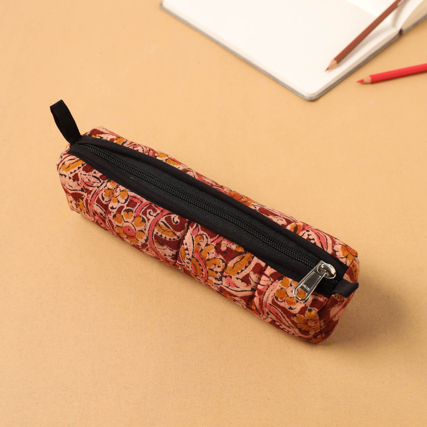Red Handcrafted Quilted Cotton Pencil Pouch