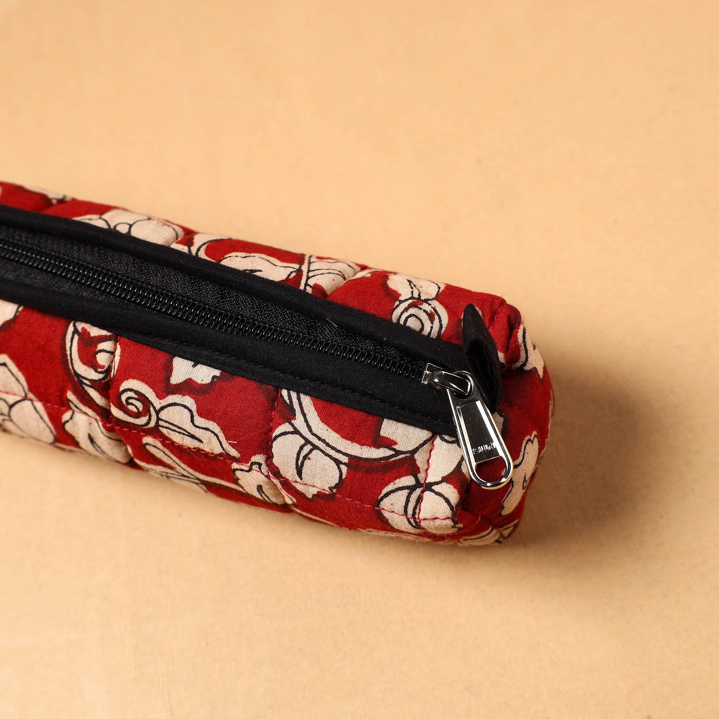 Red Handcrafted Quilted Cotton Pencil Pouch