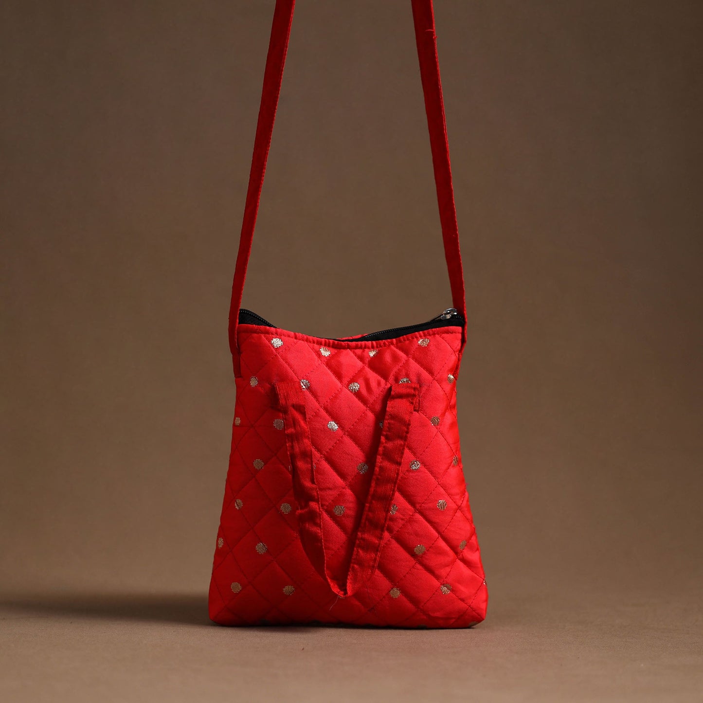 Red Handcrafted Quilted Silk Sling Bag 14