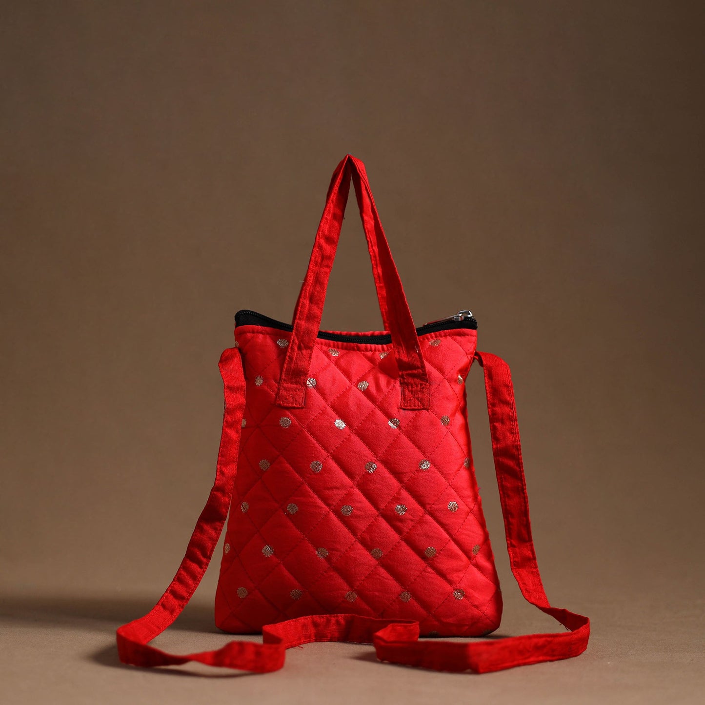 Red Handcrafted Quilted Silk Sling Bag 14