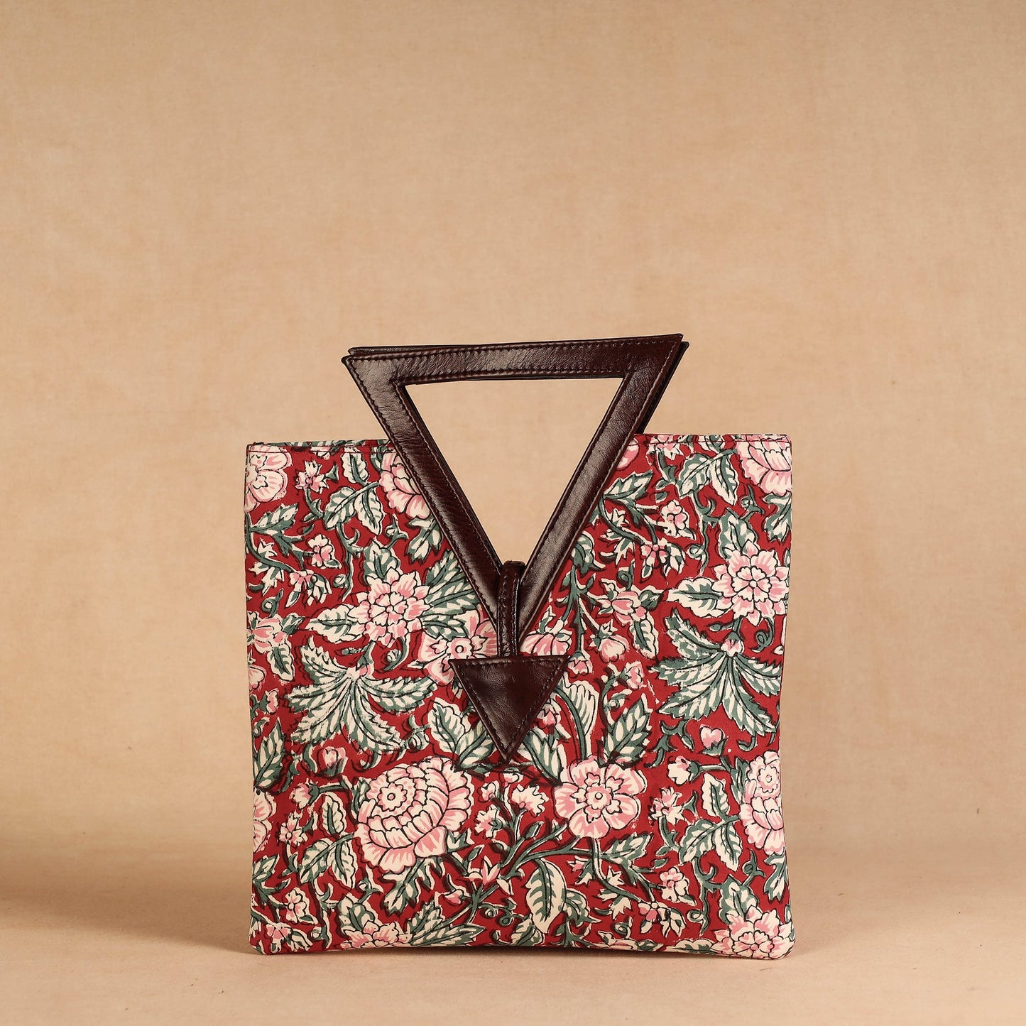 Red Handcrafted Sanganeri Printed Leather Hand Bag