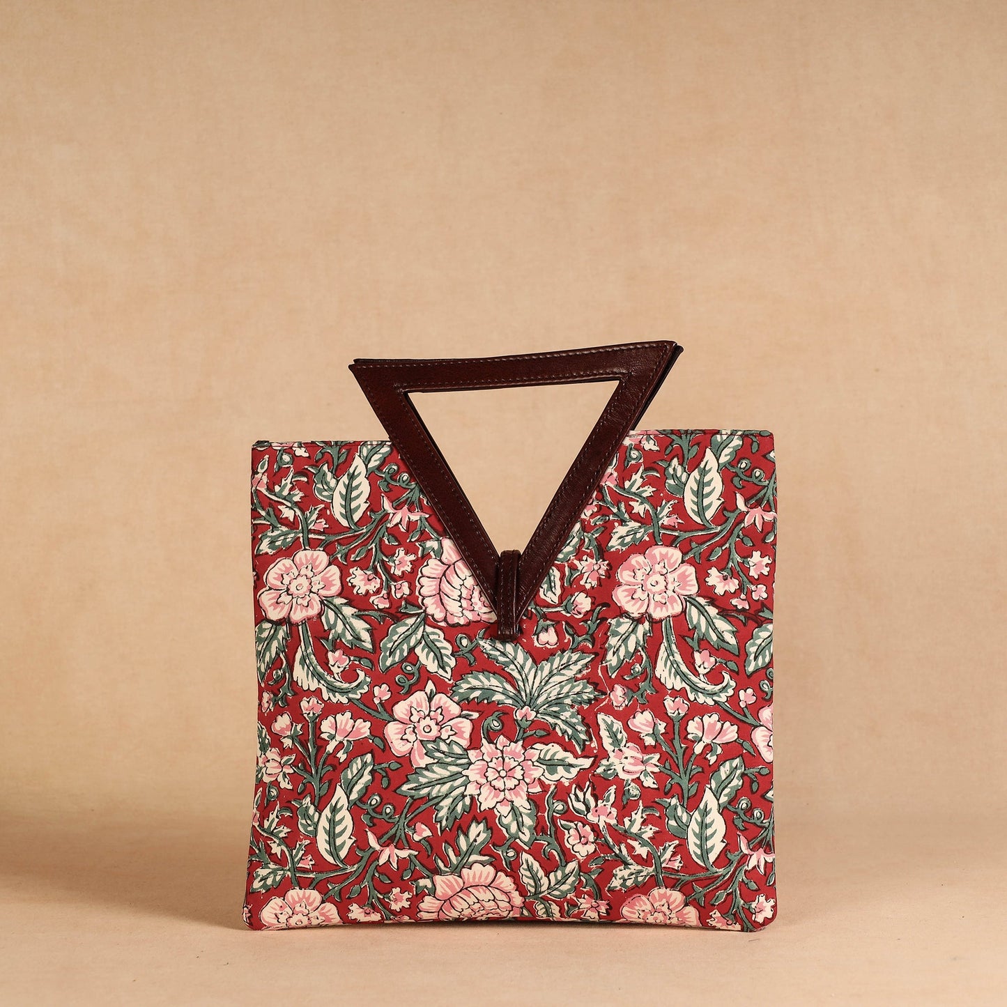 Red Handcrafted Sanganeri Printed Leather Hand Bag