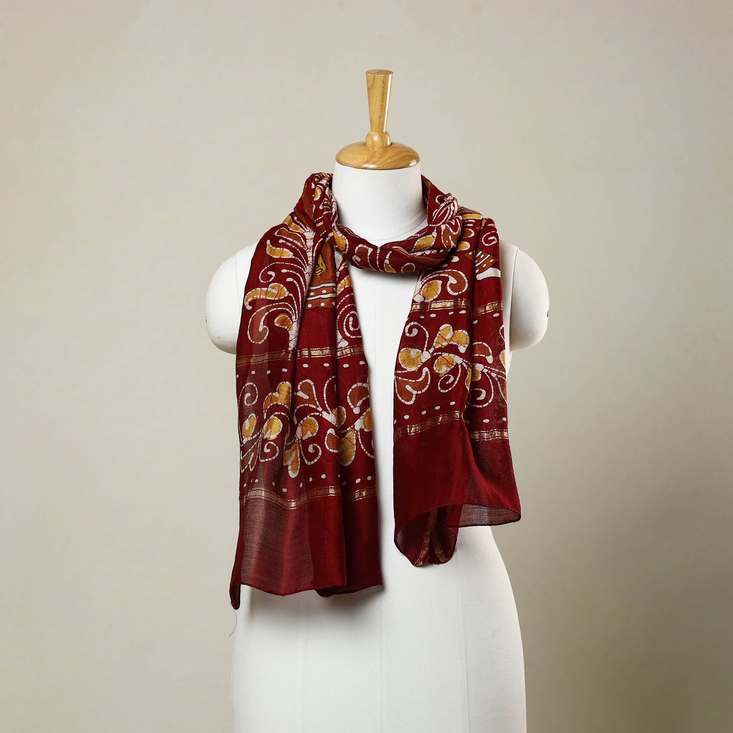 Red Handloom Chanderi Silk Hand Batik Print Stole