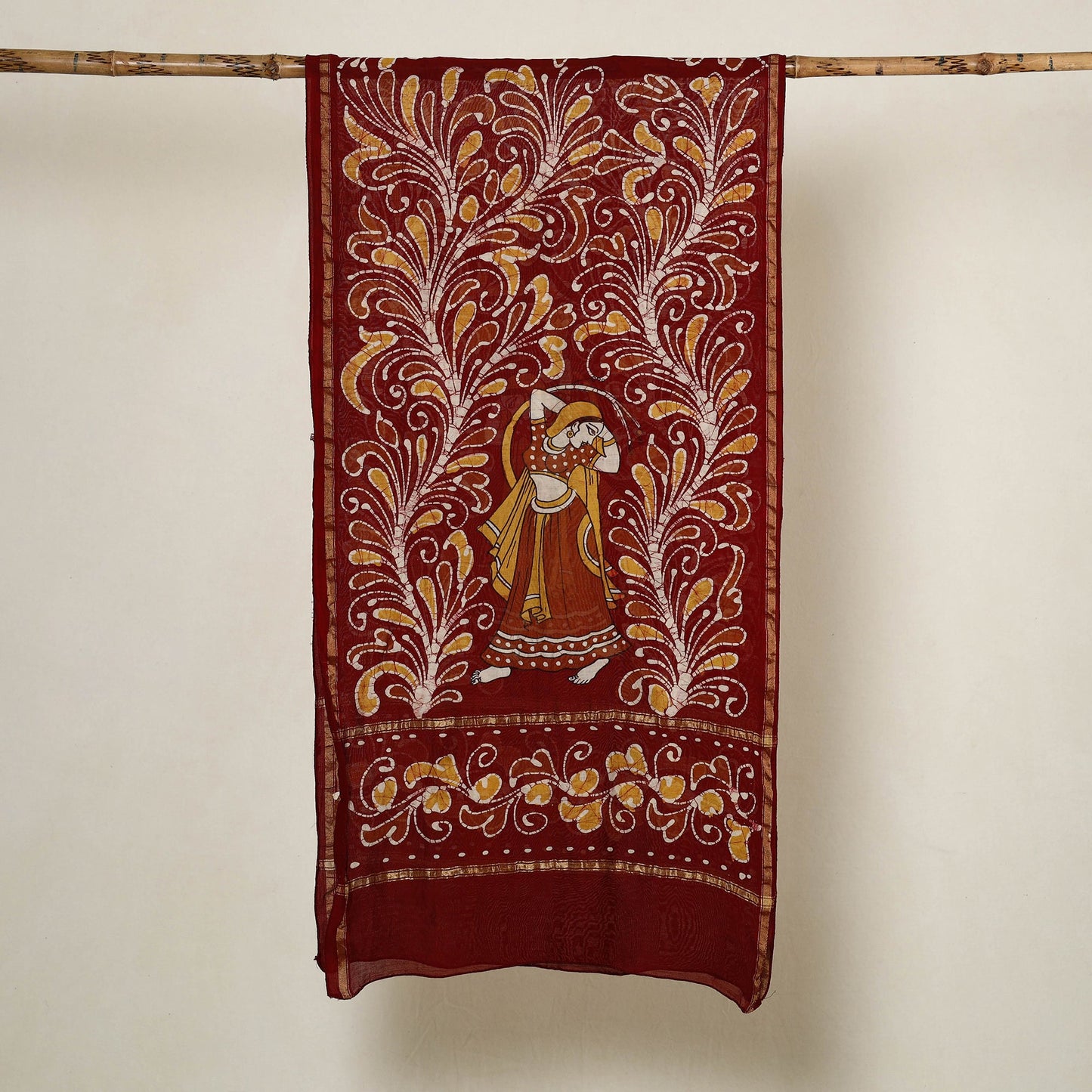 Red Handloom Chanderi Silk Hand Batik Print Stole