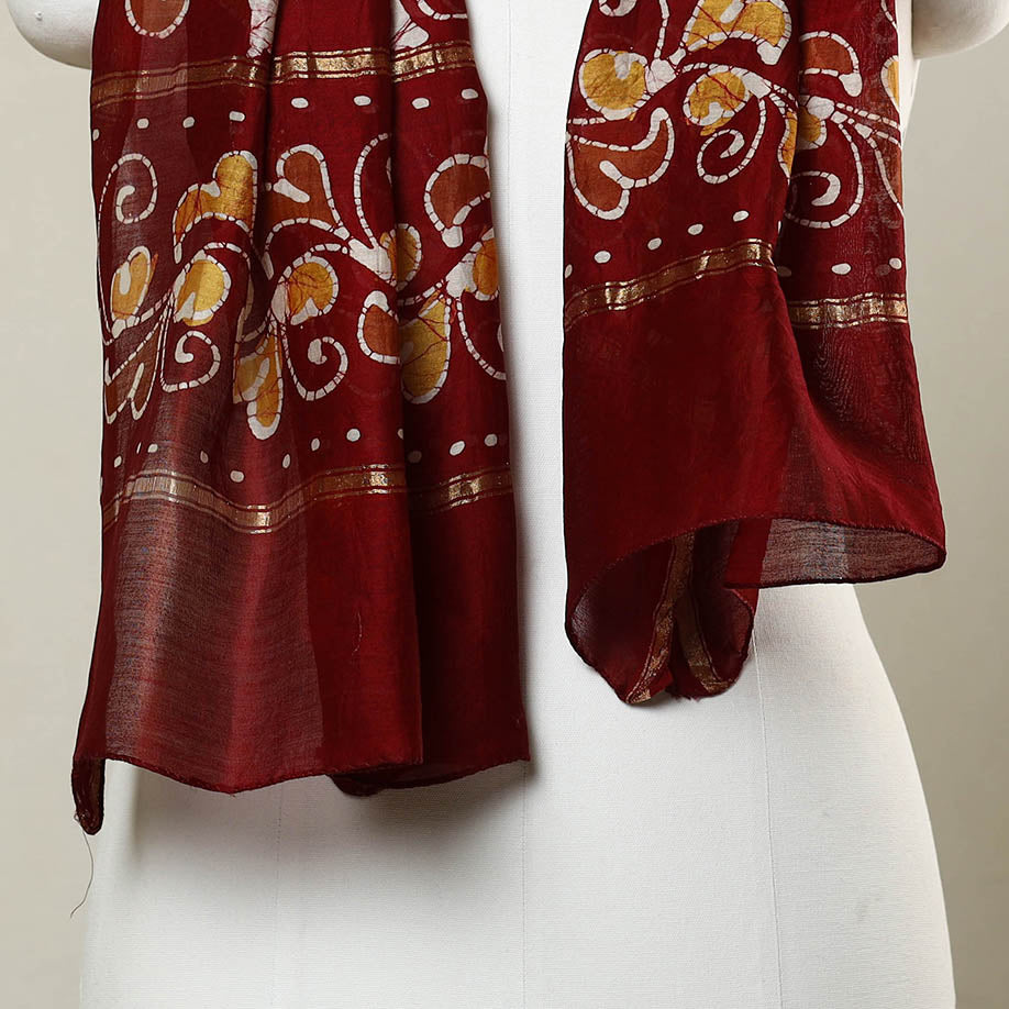 Red Handloom Chanderi Silk Hand Batik Print Stole