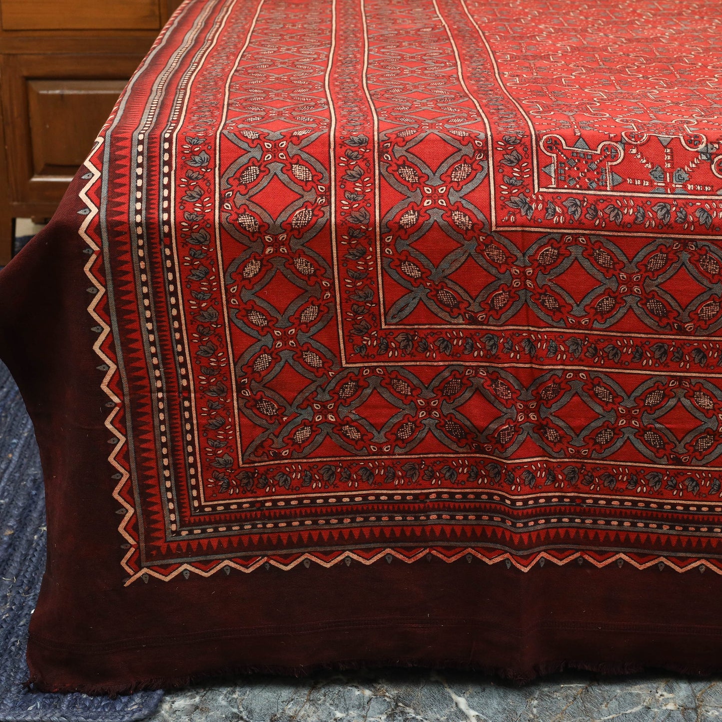 Red Handloom Cotton Block Print Double Ajrakh Bed Sheet