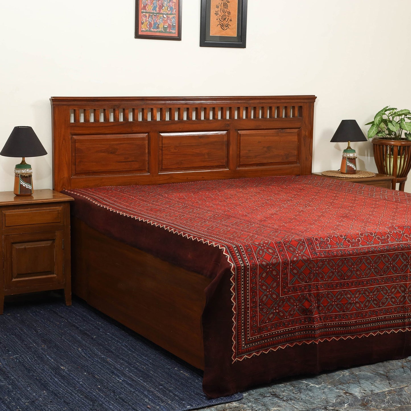 Red Handloom Cotton Block Print Double Ajrakh Bed Sheet