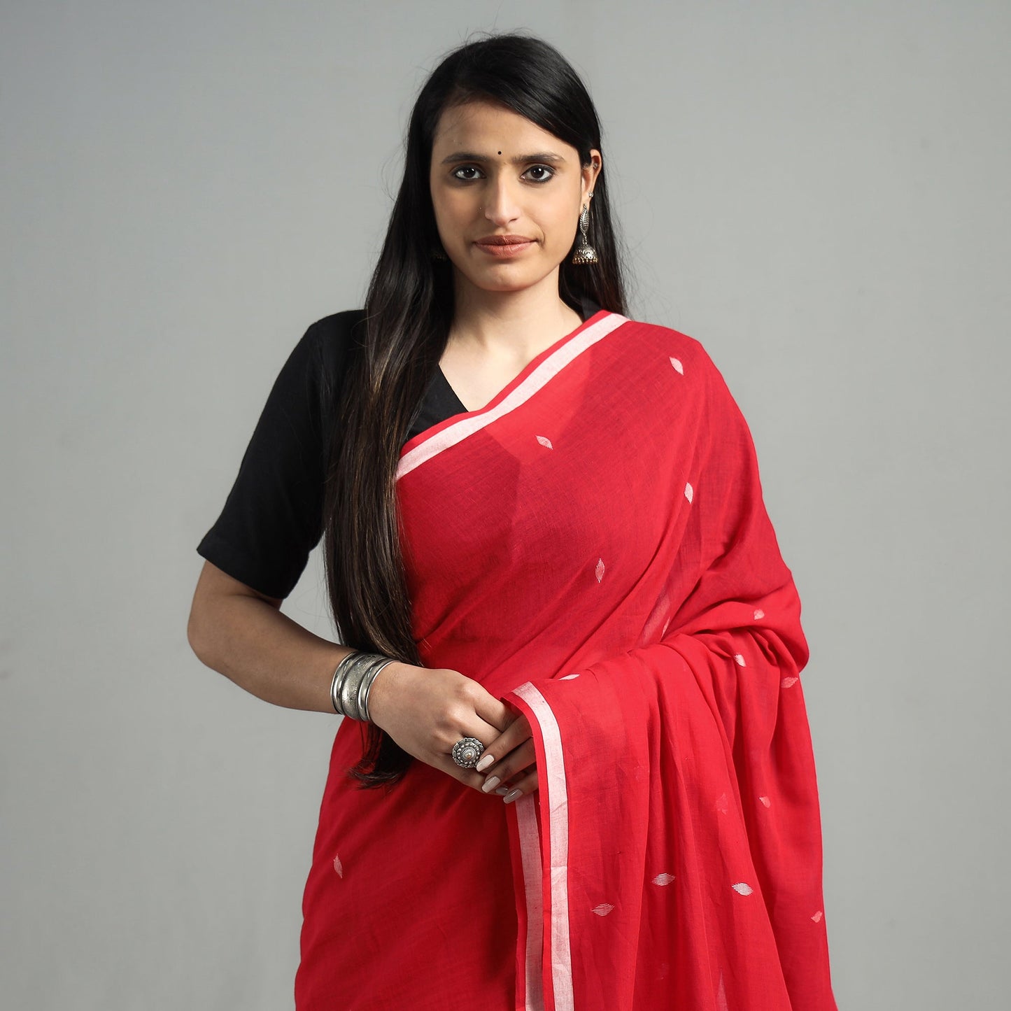 Red Handloom Cotton Phulia Jamdani Saree
