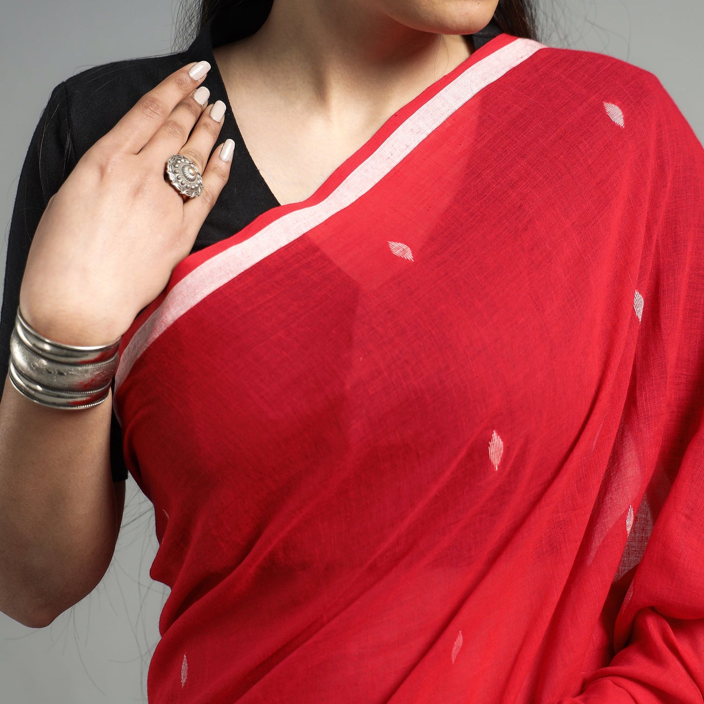 Red Handloom Cotton Phulia Jamdani Saree
