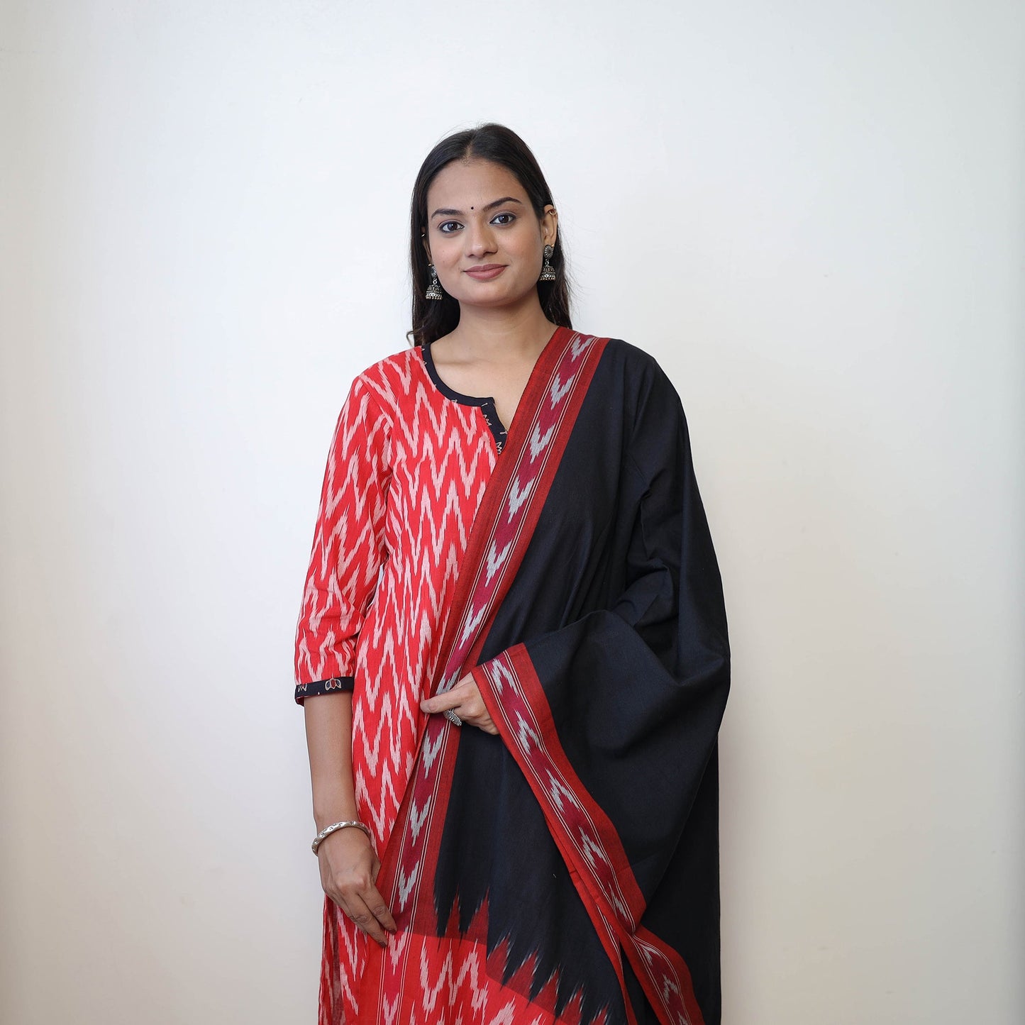 Red Handloom Cotton Pochampally Ikat Kurta Set