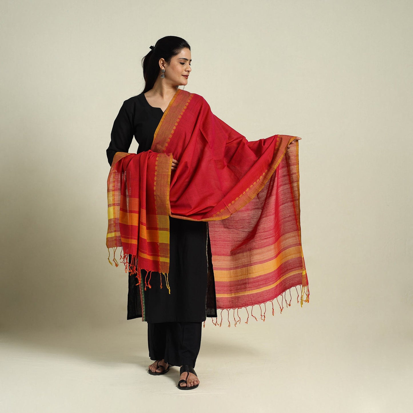Red Handloom Cotton Srikakulam Jamdani Dupatta