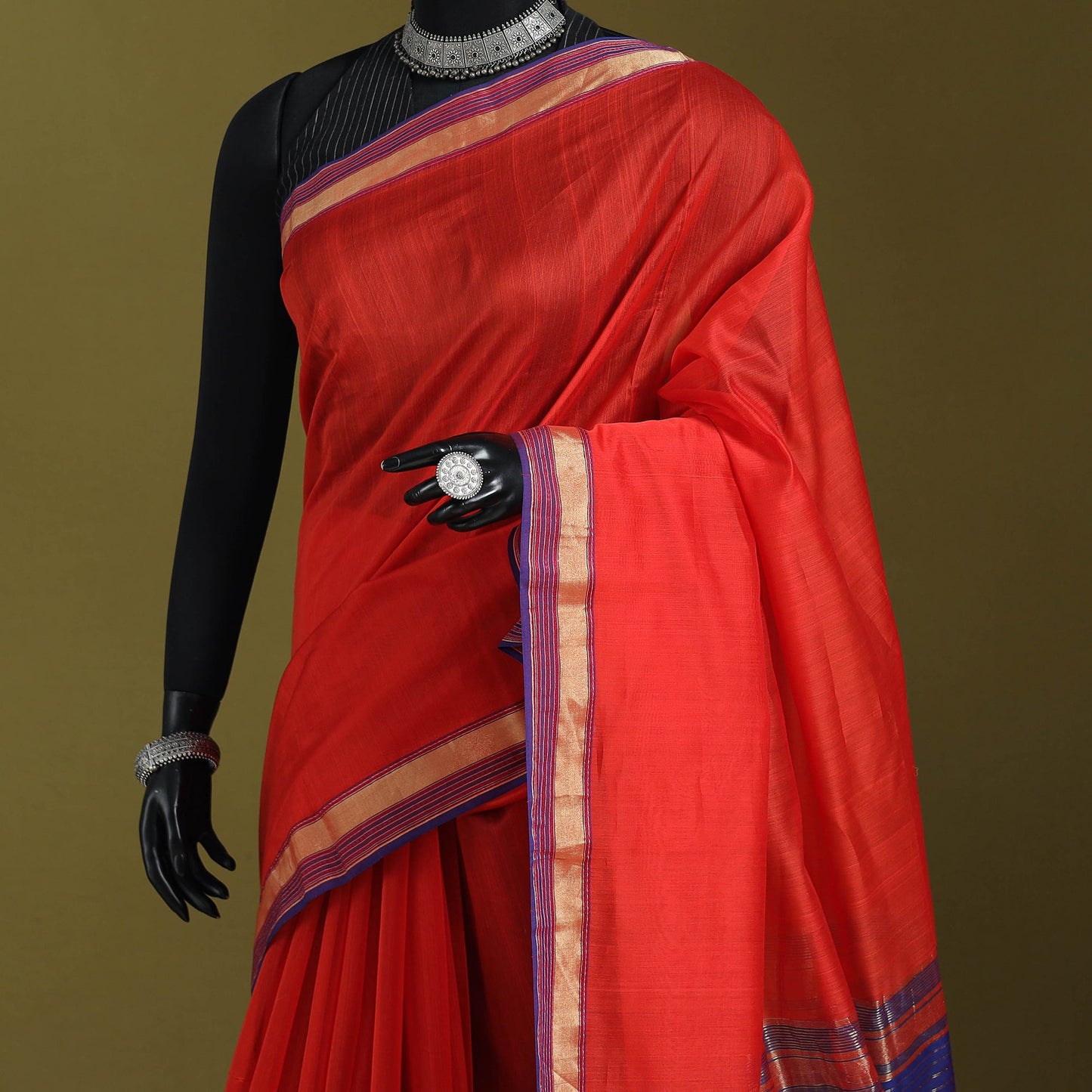 Red - handloom silk cotton maheshwari saree with zari