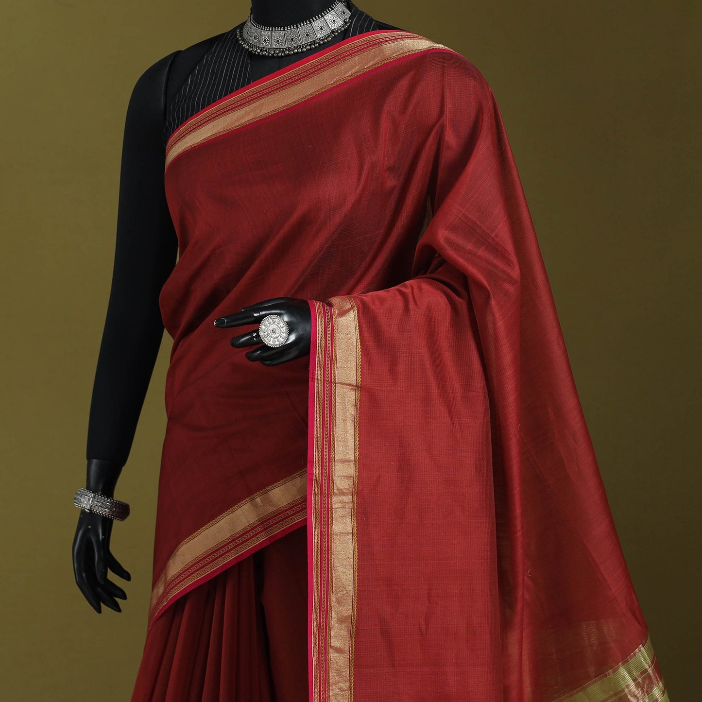 Red - handloom silk cotton maheshwari saree with zari
