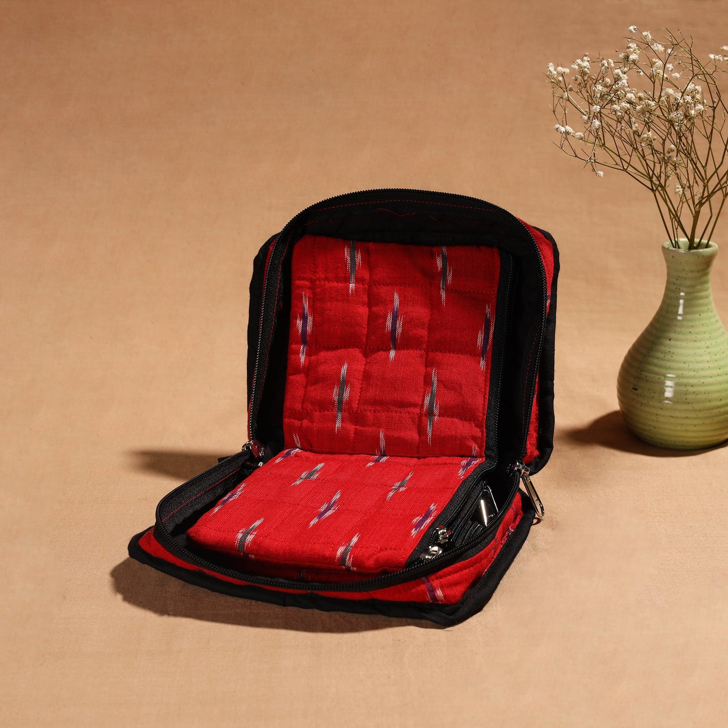 Red Handmade 4 Pockets Cotton Jewellery Bag