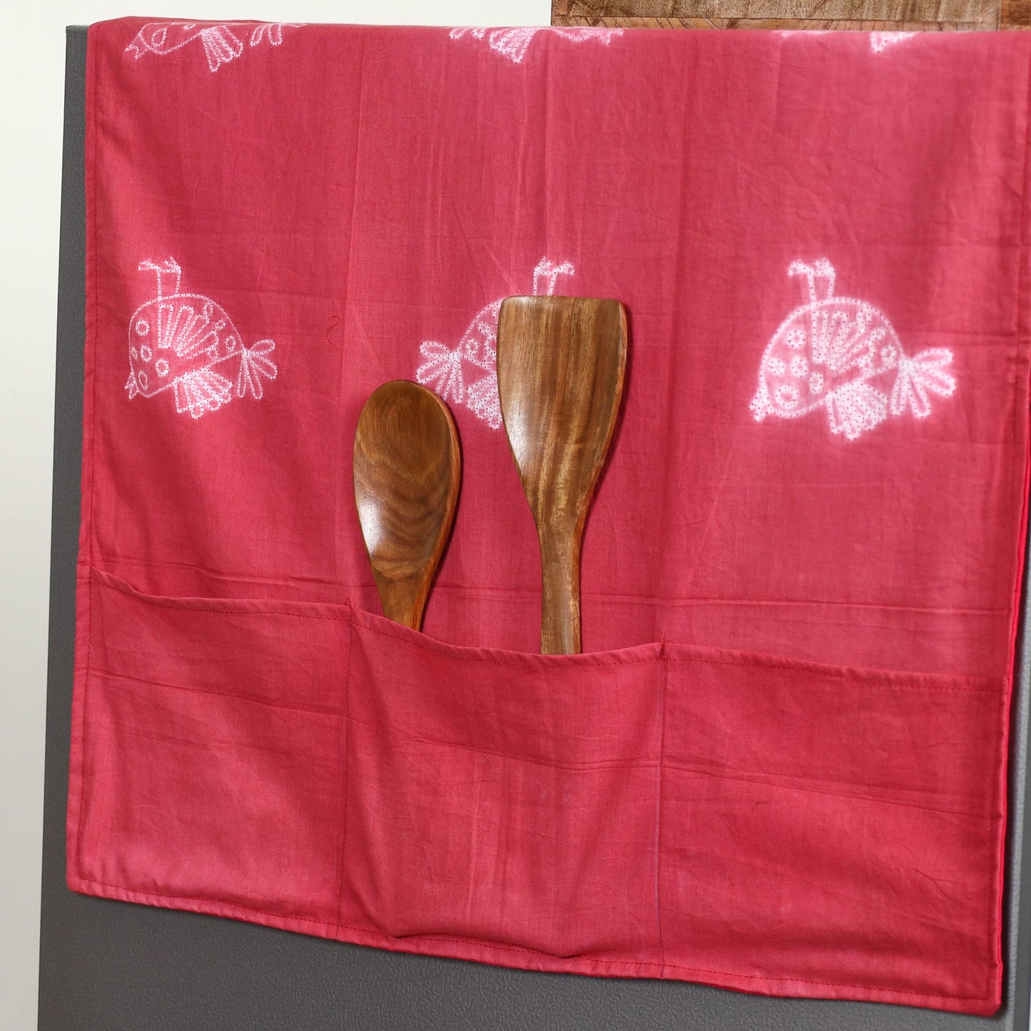 Red Handmade Cotton Fridge Top Cover with Multiple Pockets