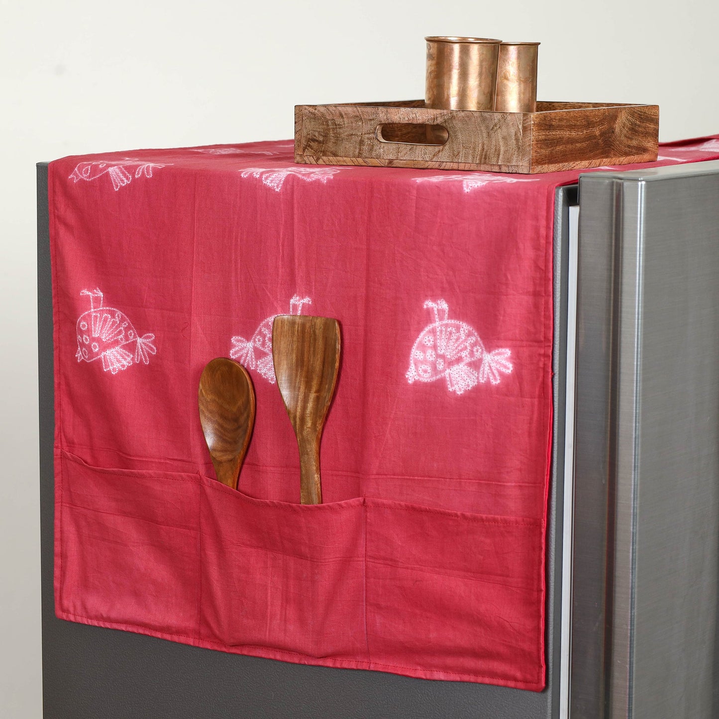 Red Handmade Cotton Fridge Top Cover with Multiple Pockets