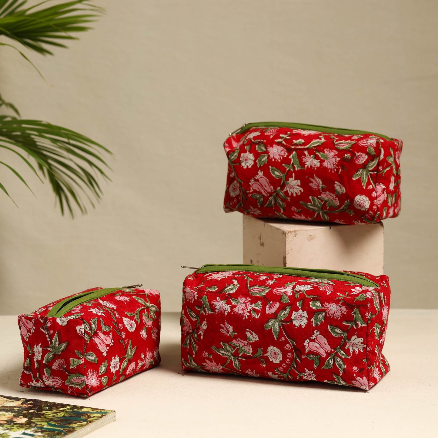 Red Handmade Cotton Toiletry Bags (Set of 3)