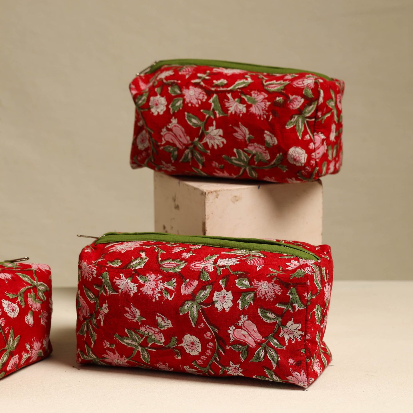 Red Handmade Cotton Toiletry Bags (Set of 3)