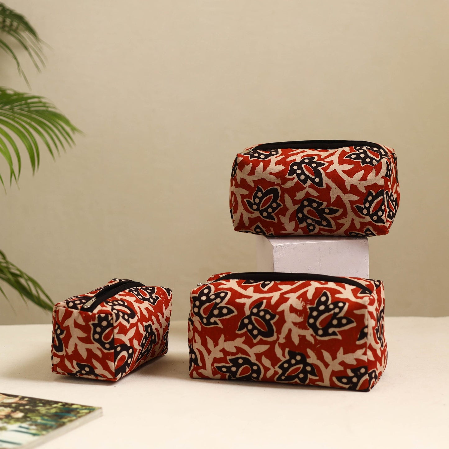 Red Handmade Cotton Toiletry Bags (Set of 3)