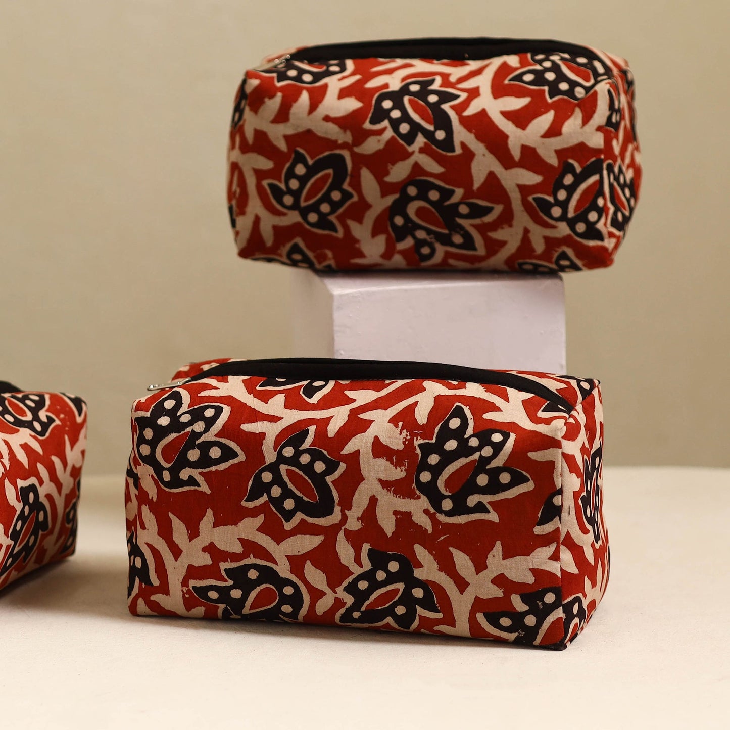 Red Handmade Cotton Toiletry Bags (Set of 3)