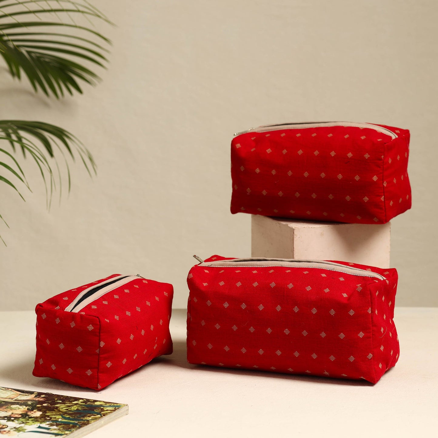 Red Handmade Cotton Toiletry Bags (Set of 3)