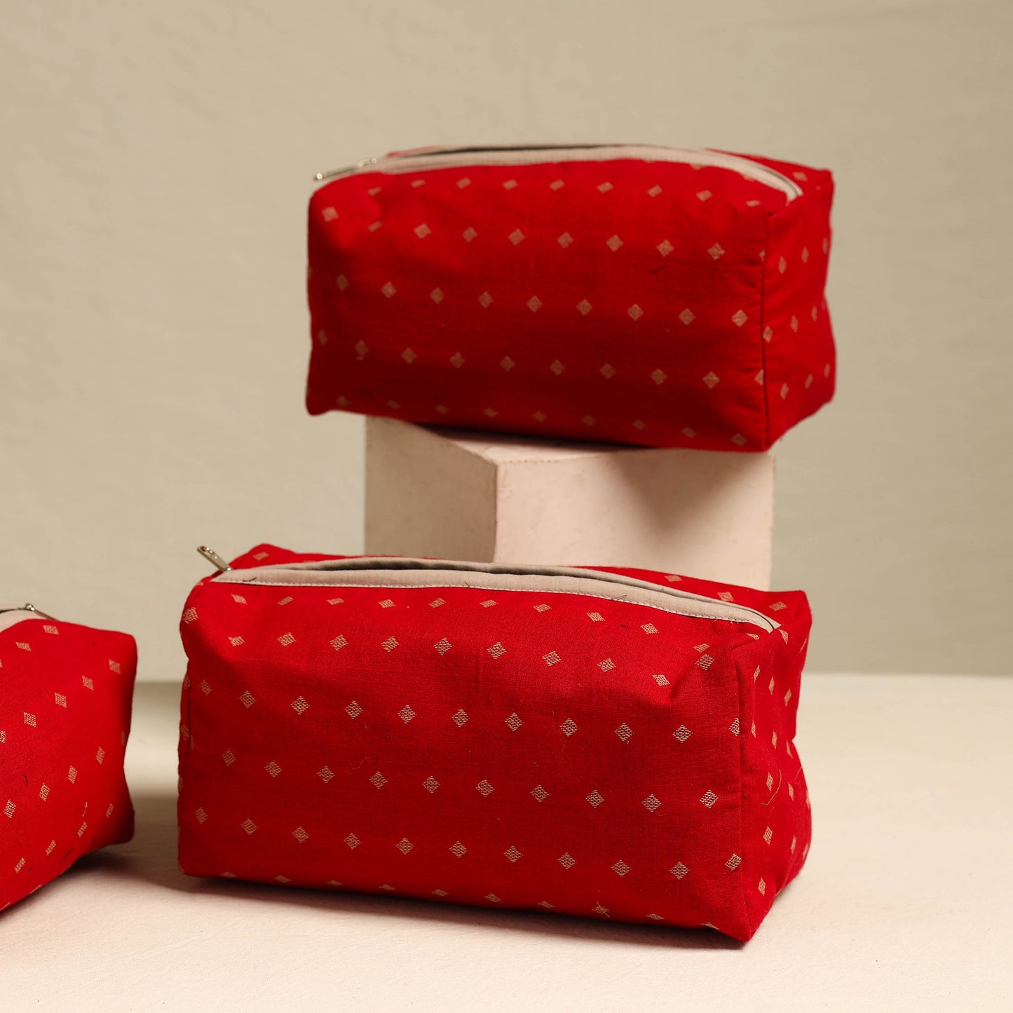 Red Handmade Cotton Toiletry Bags (Set of 3)
