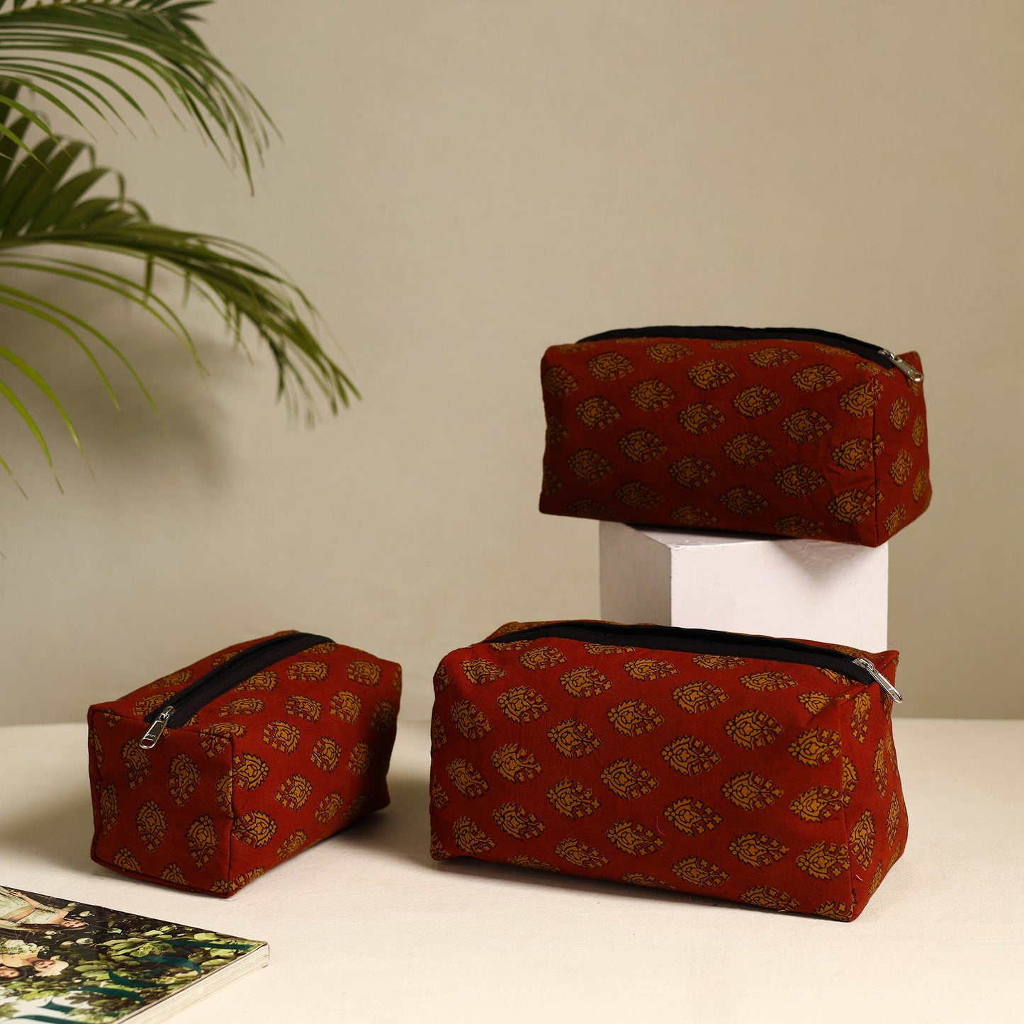 Red Handmade Cotton Toiletry Bags (Set of 3)