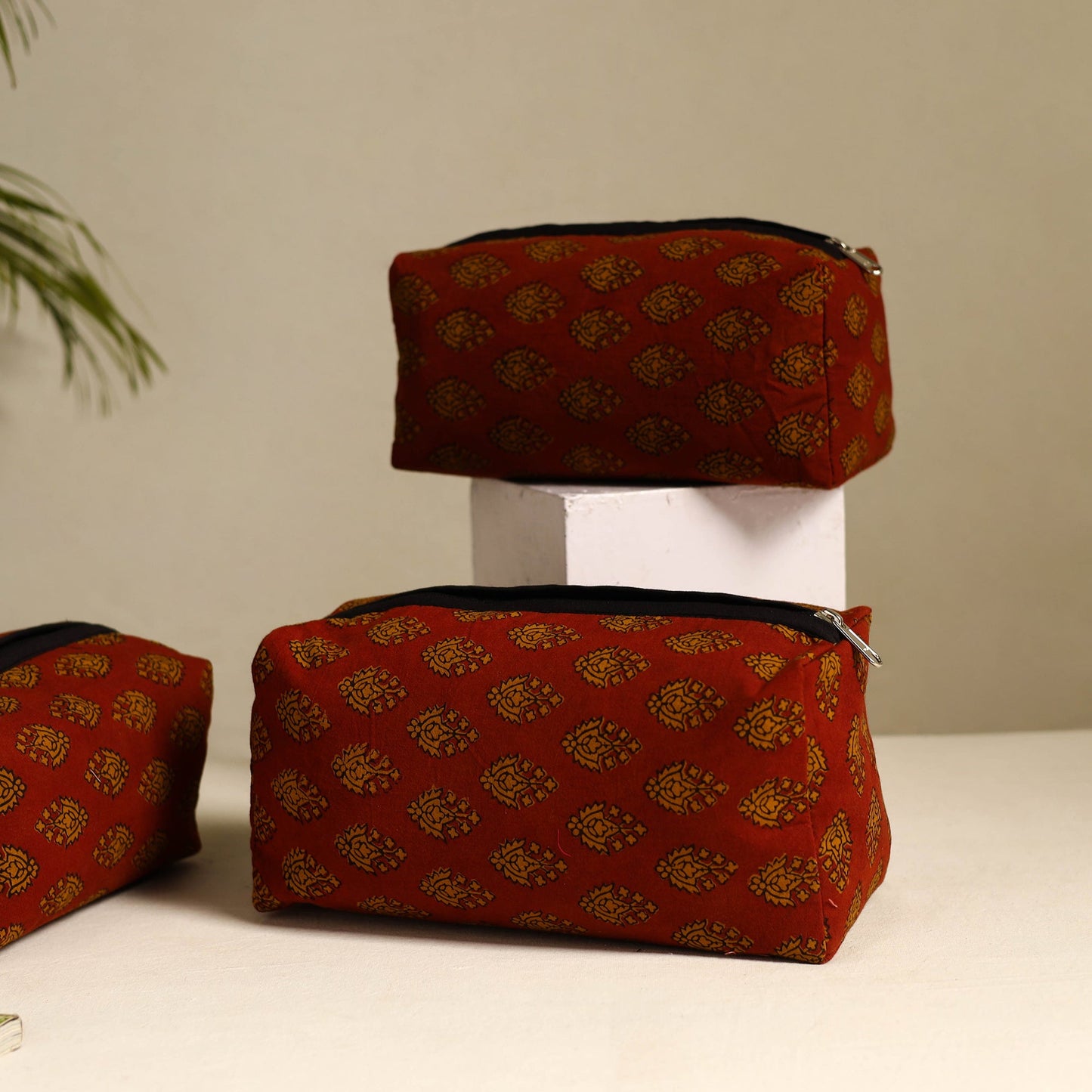 Red Handmade Cotton Toiletry Bags (Set of 3)