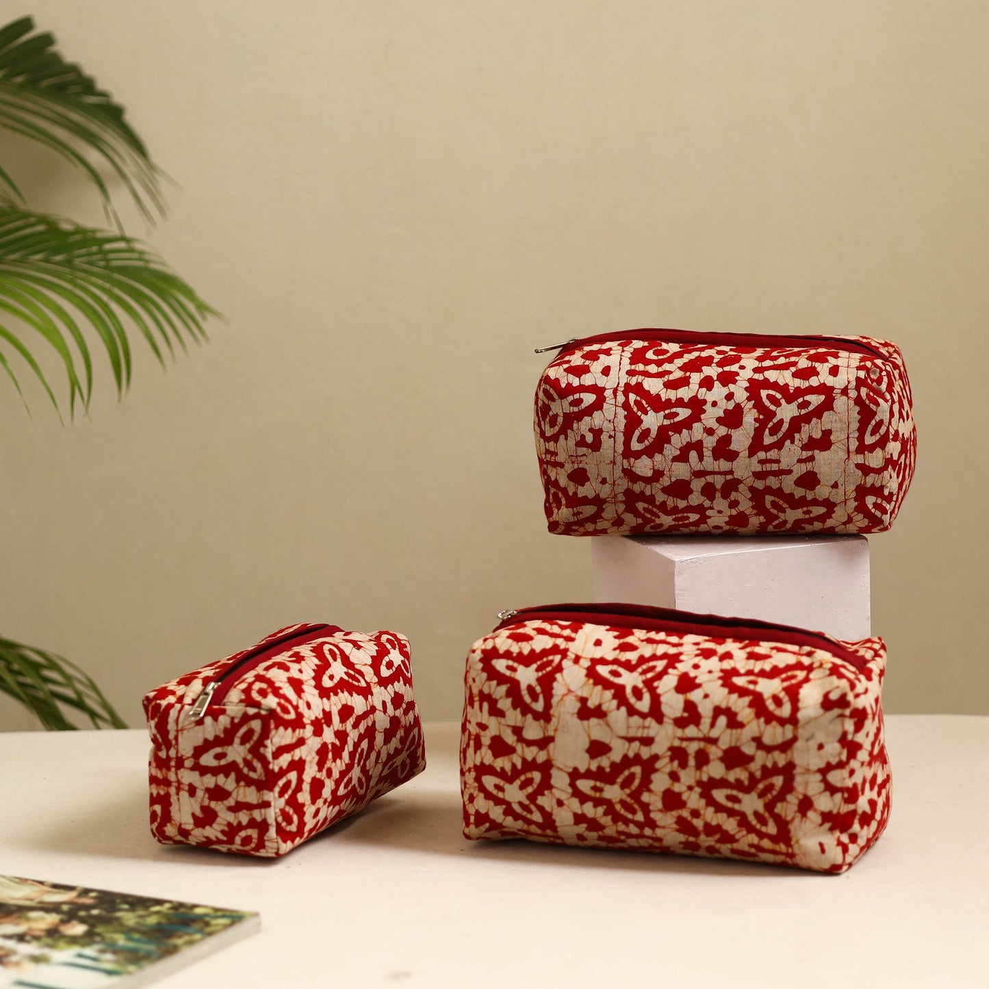 Red Handmade Cotton Toiletry Bags (Set of 3)
