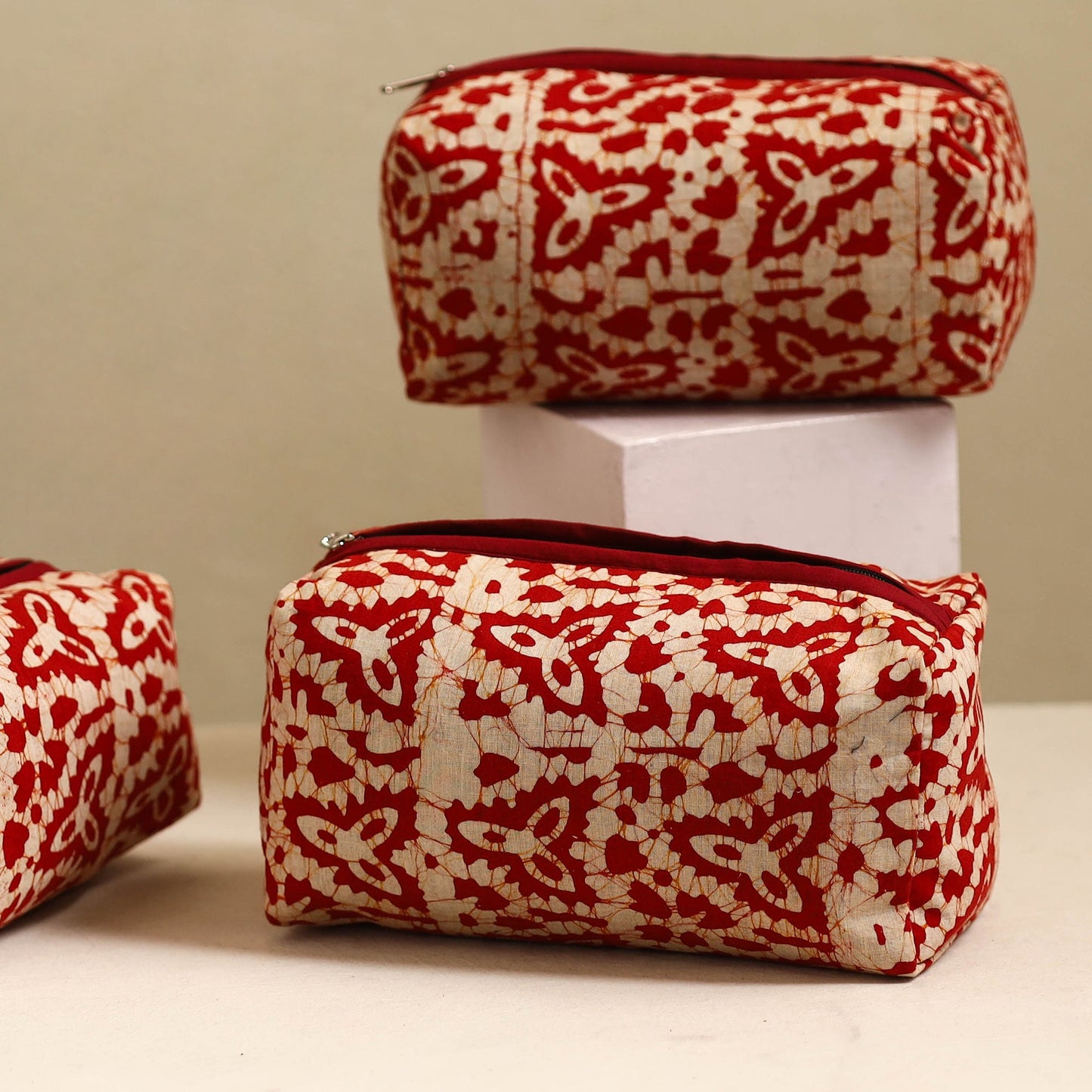 Red Handmade Cotton Toiletry Bags (Set of 3)