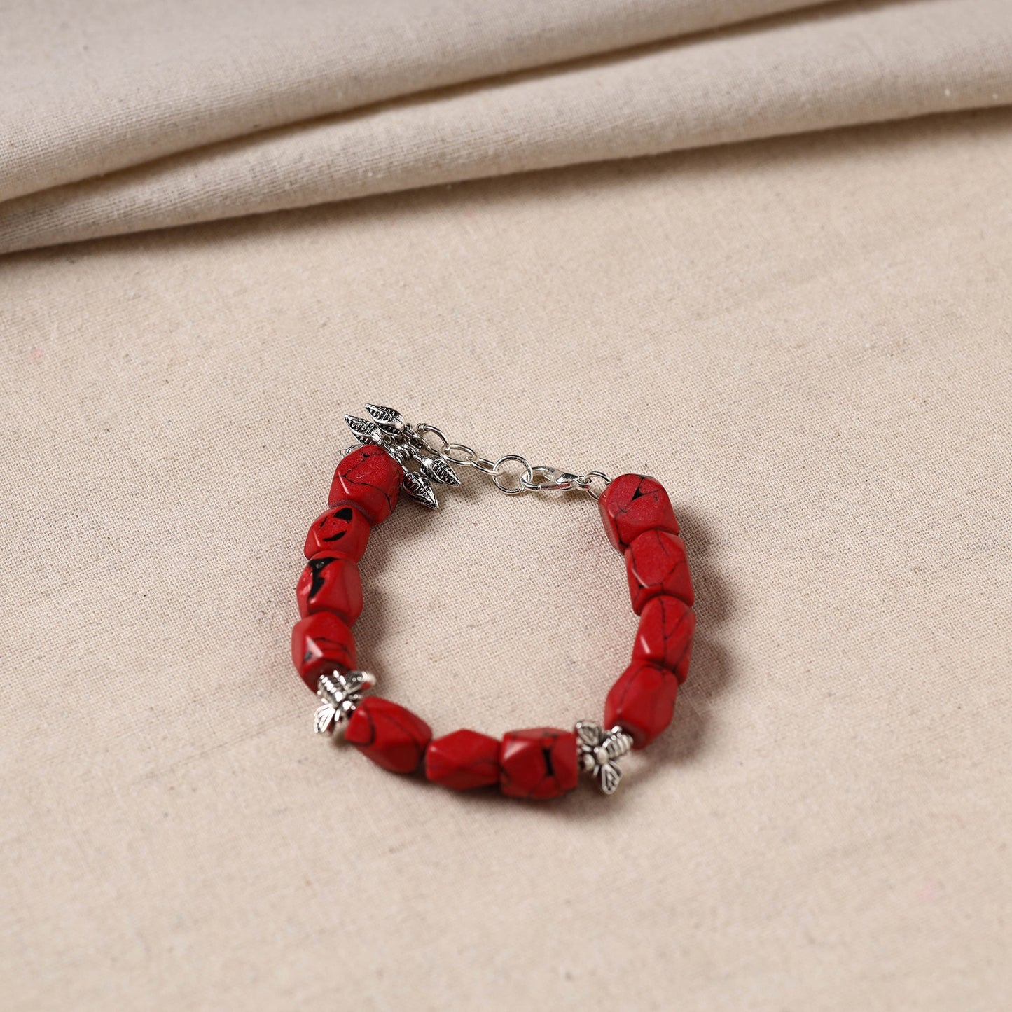 Red - handmade german silver beaded bracelet 04