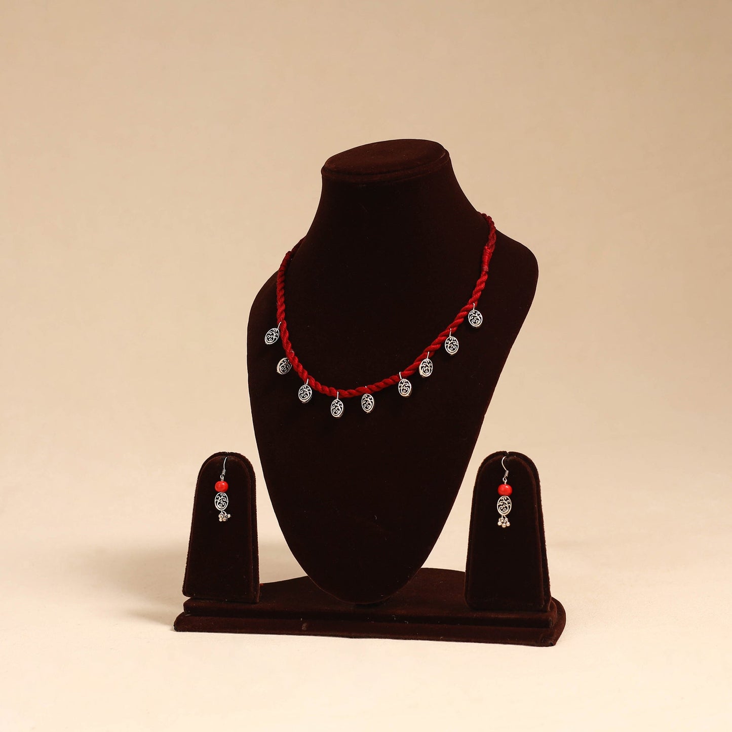 Red - handmade german silver necklace set 05 - handcrafted