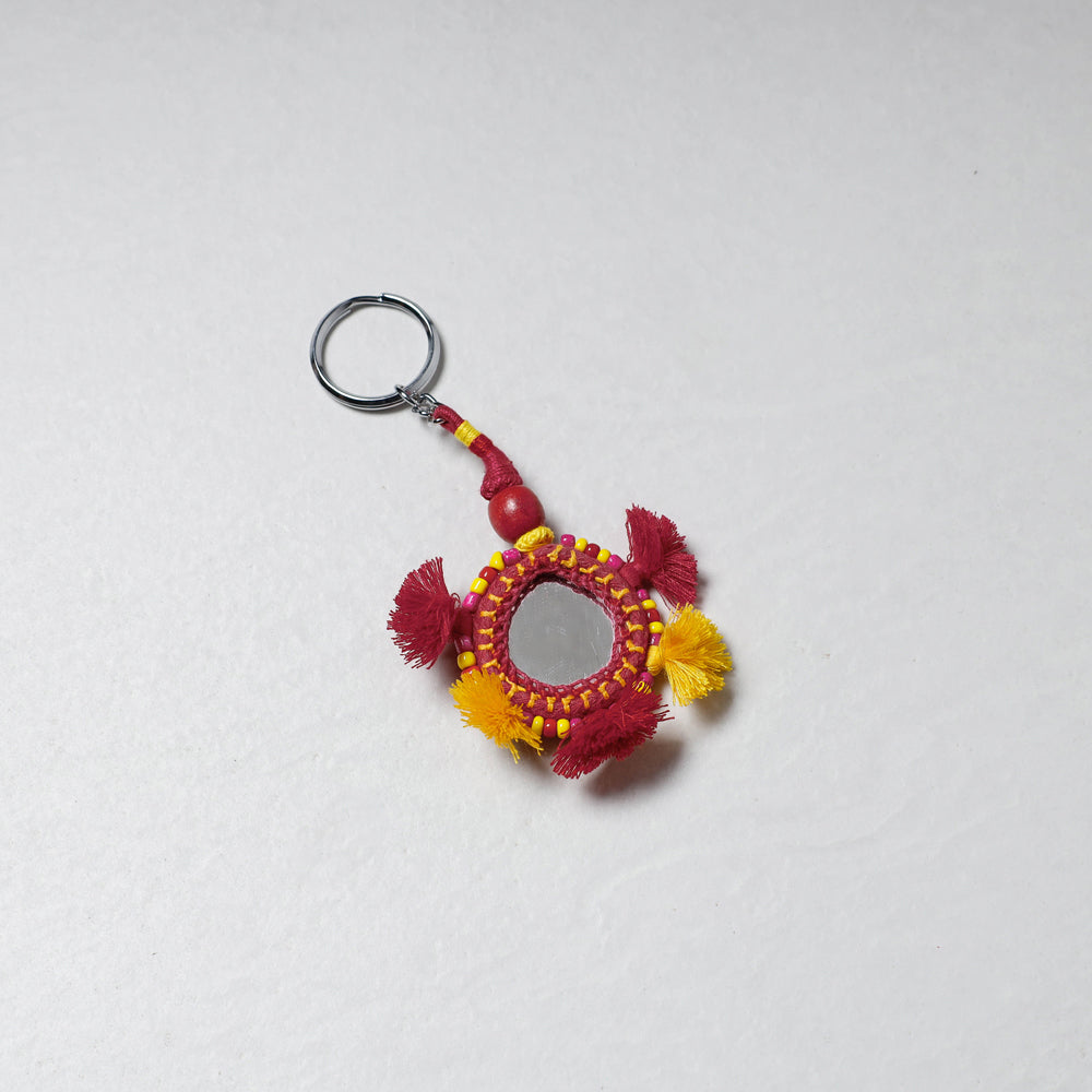 Red Handmade Mirror & Threadwork Keychain by Kailash Patwa