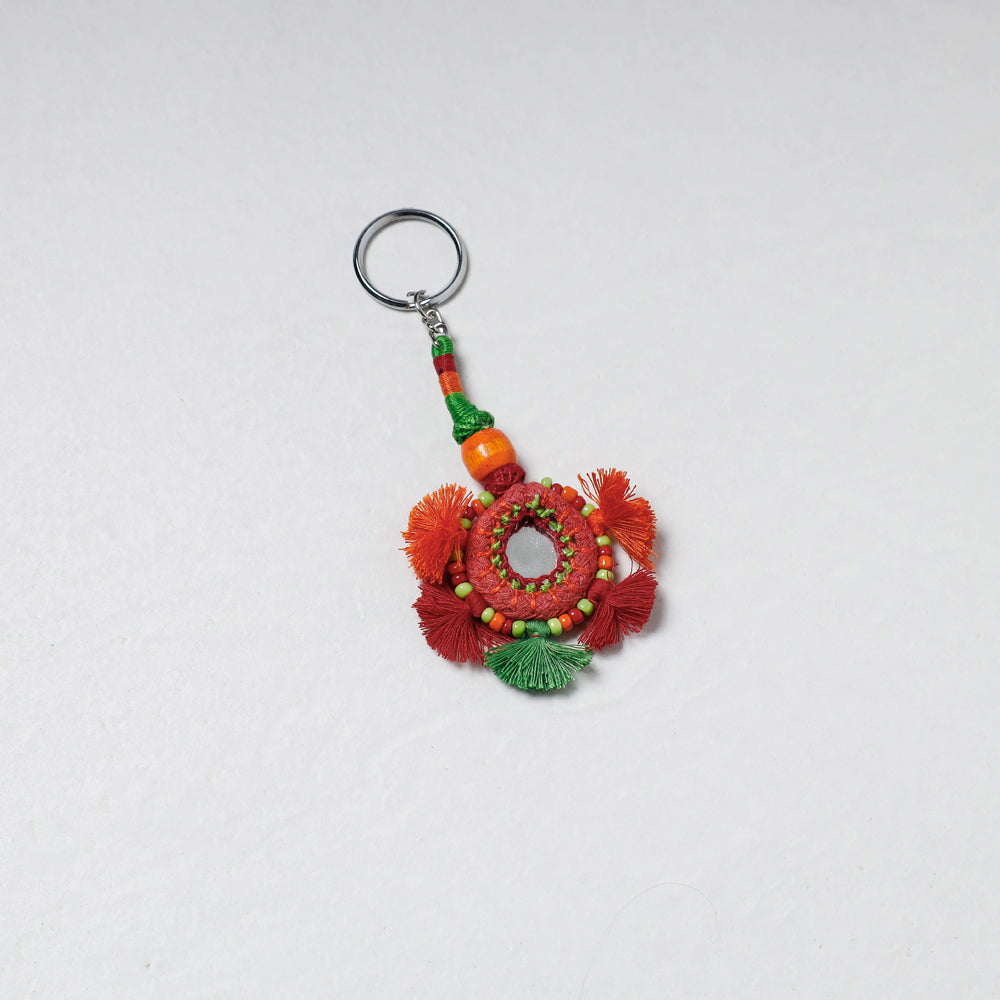 Red Handmade Mirror & Threadwork Keychain by Kailash Patwa