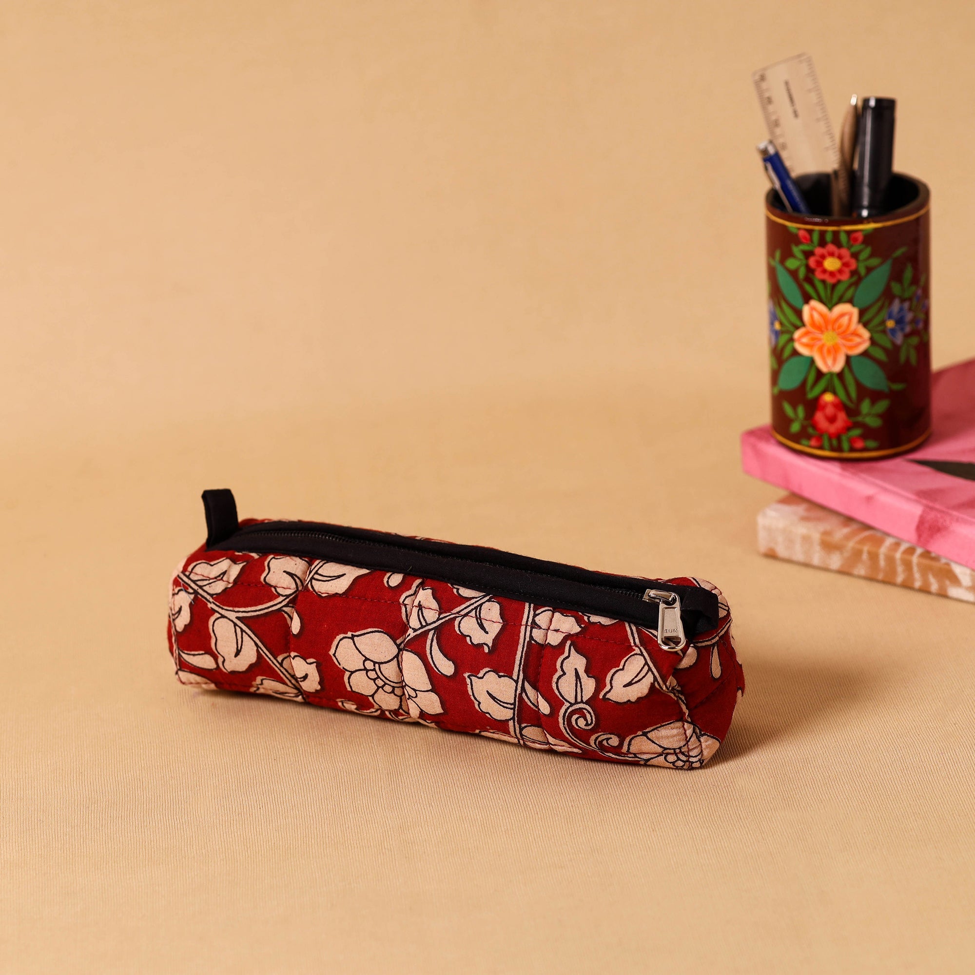 Red - Handcrafted Quilted Cotton Pencil Pouch 03