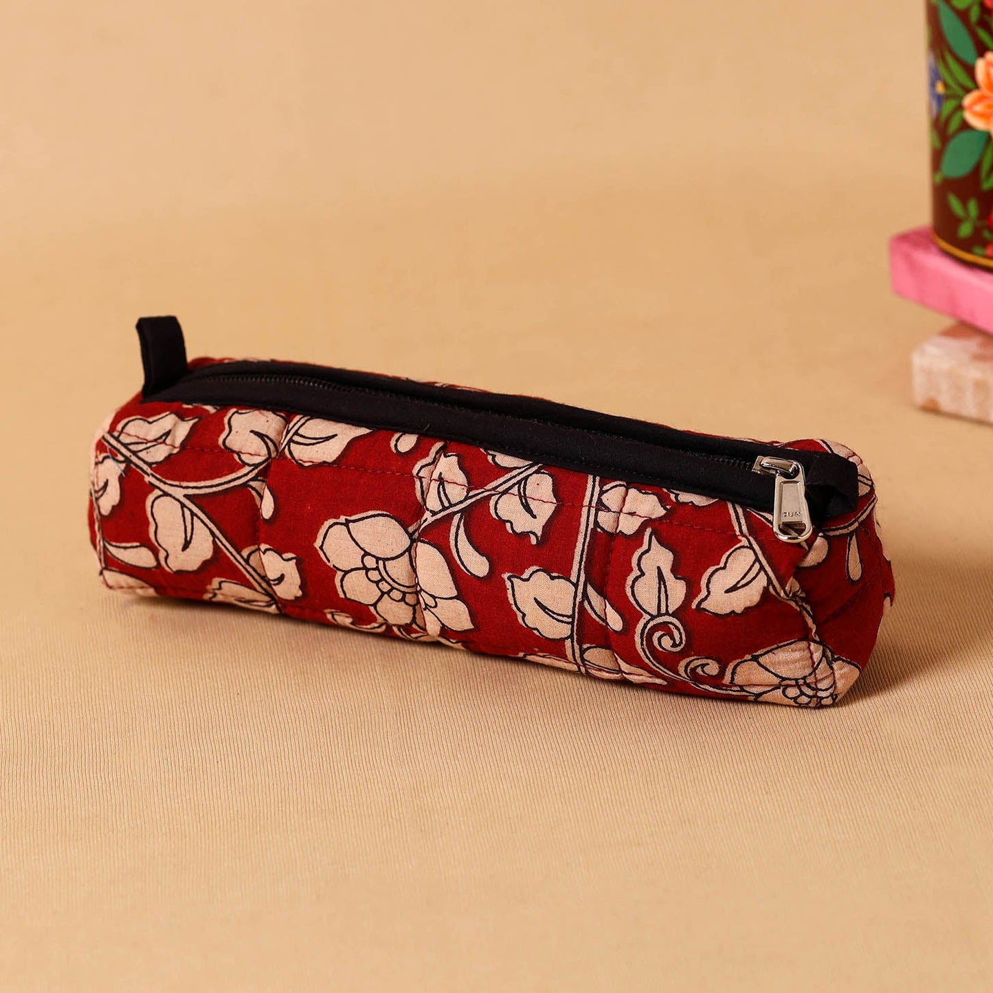 Red Handmade Quilted Cotton Pencil Pouch