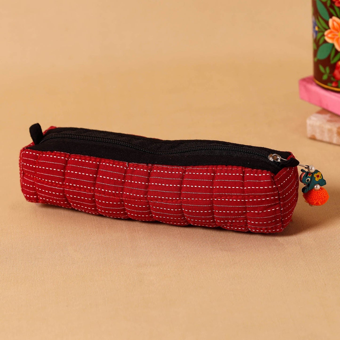 Red Handmade Quilted Cotton Pencil Pouch