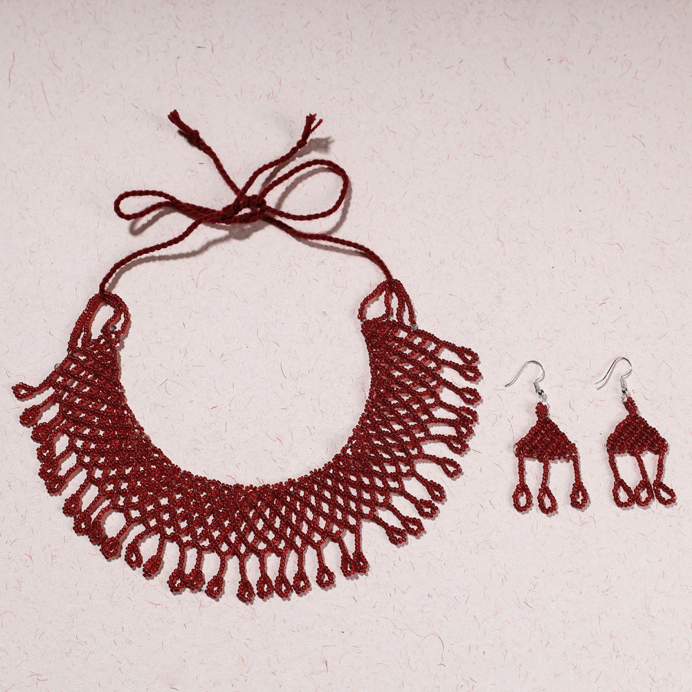 Red - handmade thread & beadwork jali necklace set