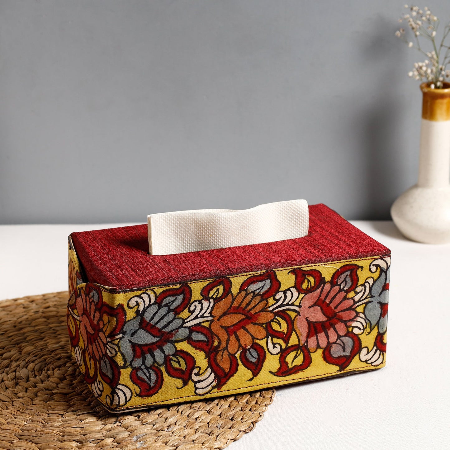 Red Handpainted Kalamkari Natural Dyed Cotton Tissue Box