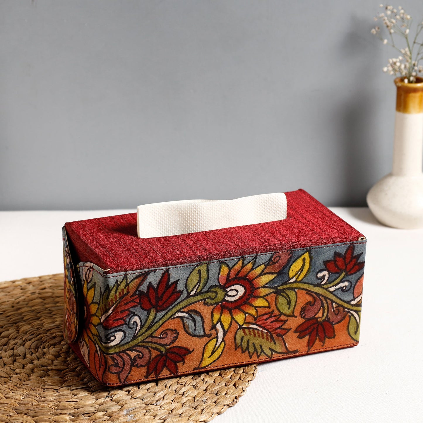Red Handpainted Kalamkari Natural Dyed Cotton Tissue Box