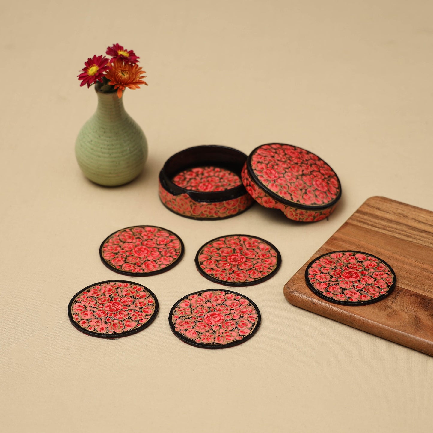 Red - handpainted paper mache coaster with box (set of 6)