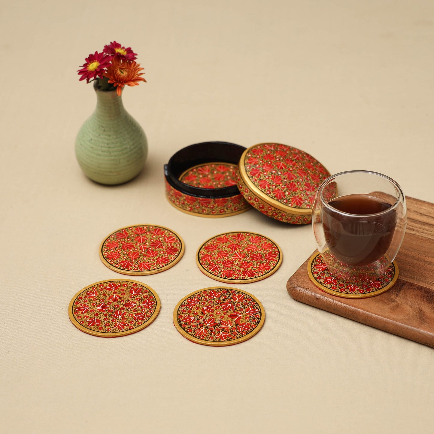 Red - handpainted paper mache coaster with box (set of 6)