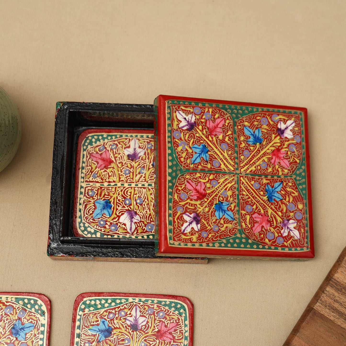 Red - handpainted paper mache coaster with box (set of 6)
