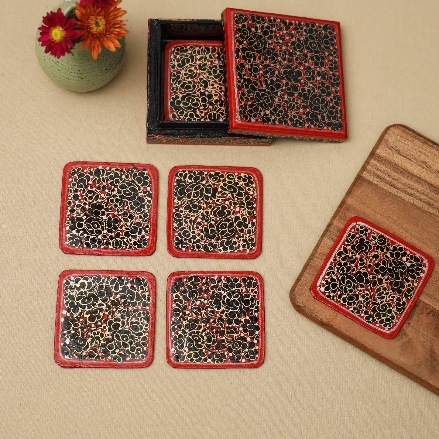 Red - handpainted paper mache coaster with box (set of 6)