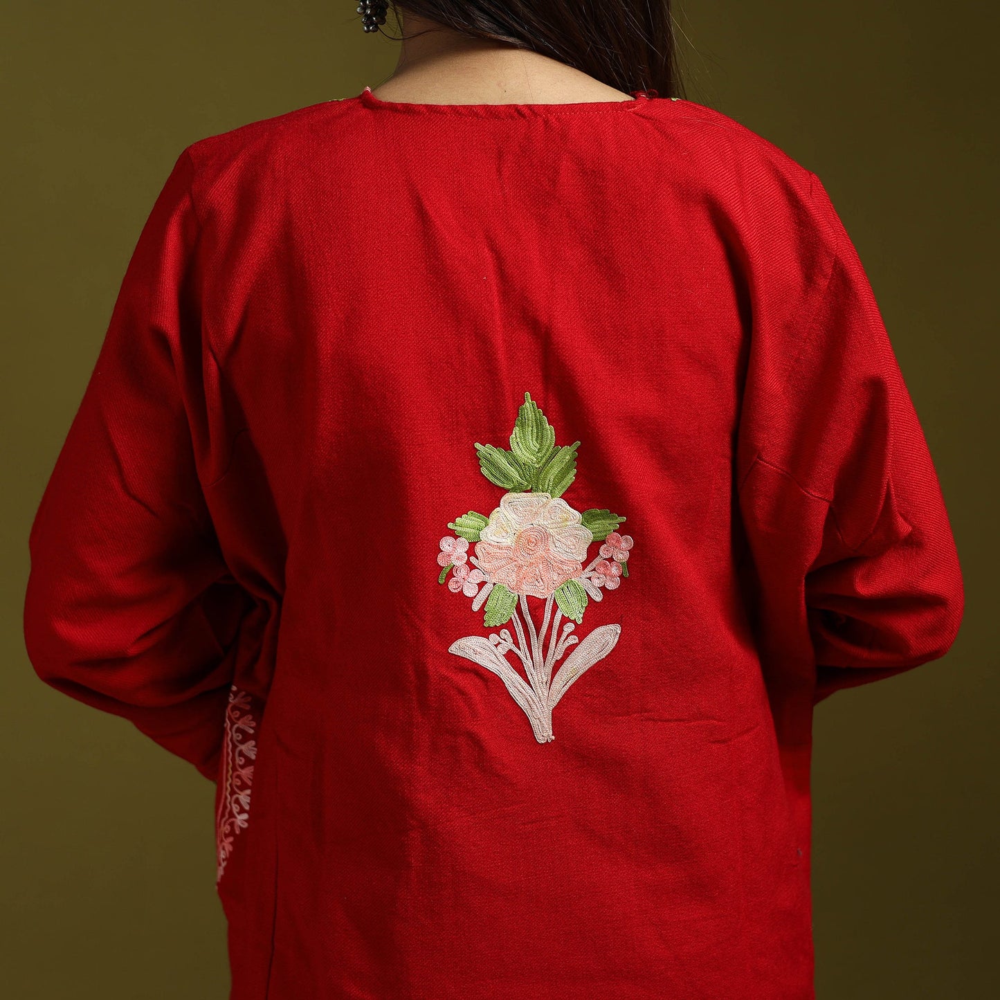 Red - handwoven aari embroidered kashmiri merino wool