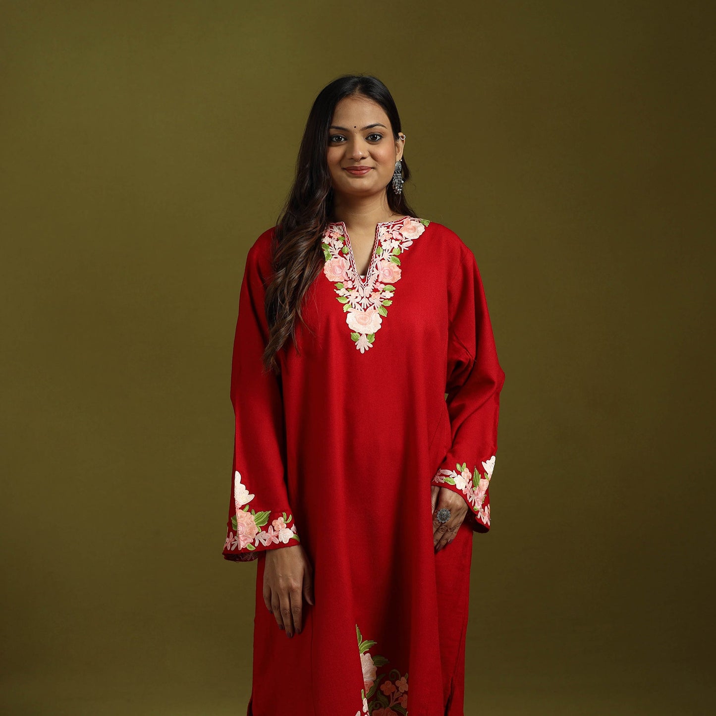 Red - handwoven aari embroidered kashmiri merino wool