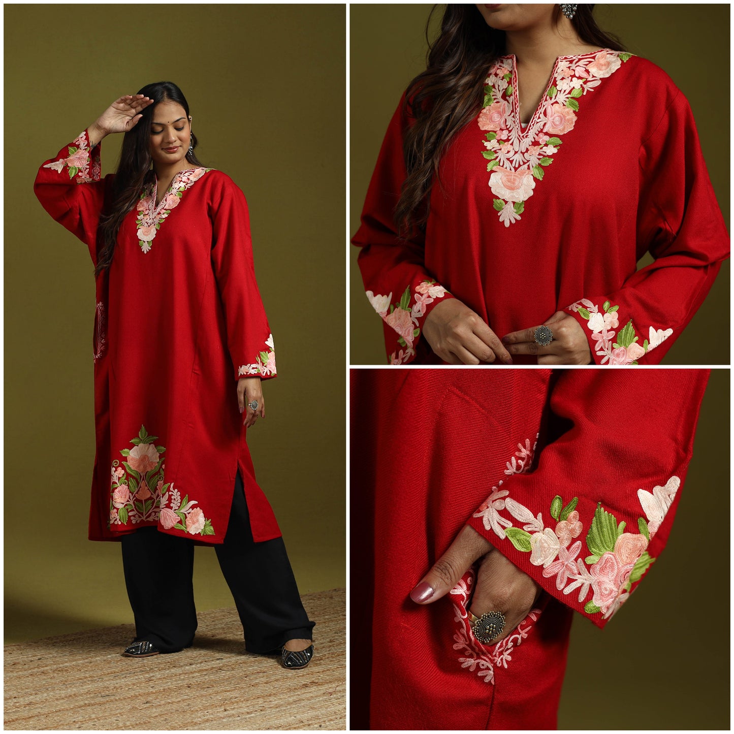 Red - handwoven aari embroidered kashmiri merino wool